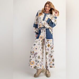 Easel Floral Wide-Leg Pant & Shirt Set - Blue and Cream